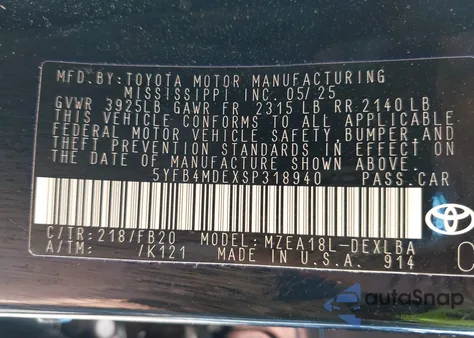 2025 Toyota Corolla Le из США, поврежденный, VIN 5YFB4MDEXSP318940